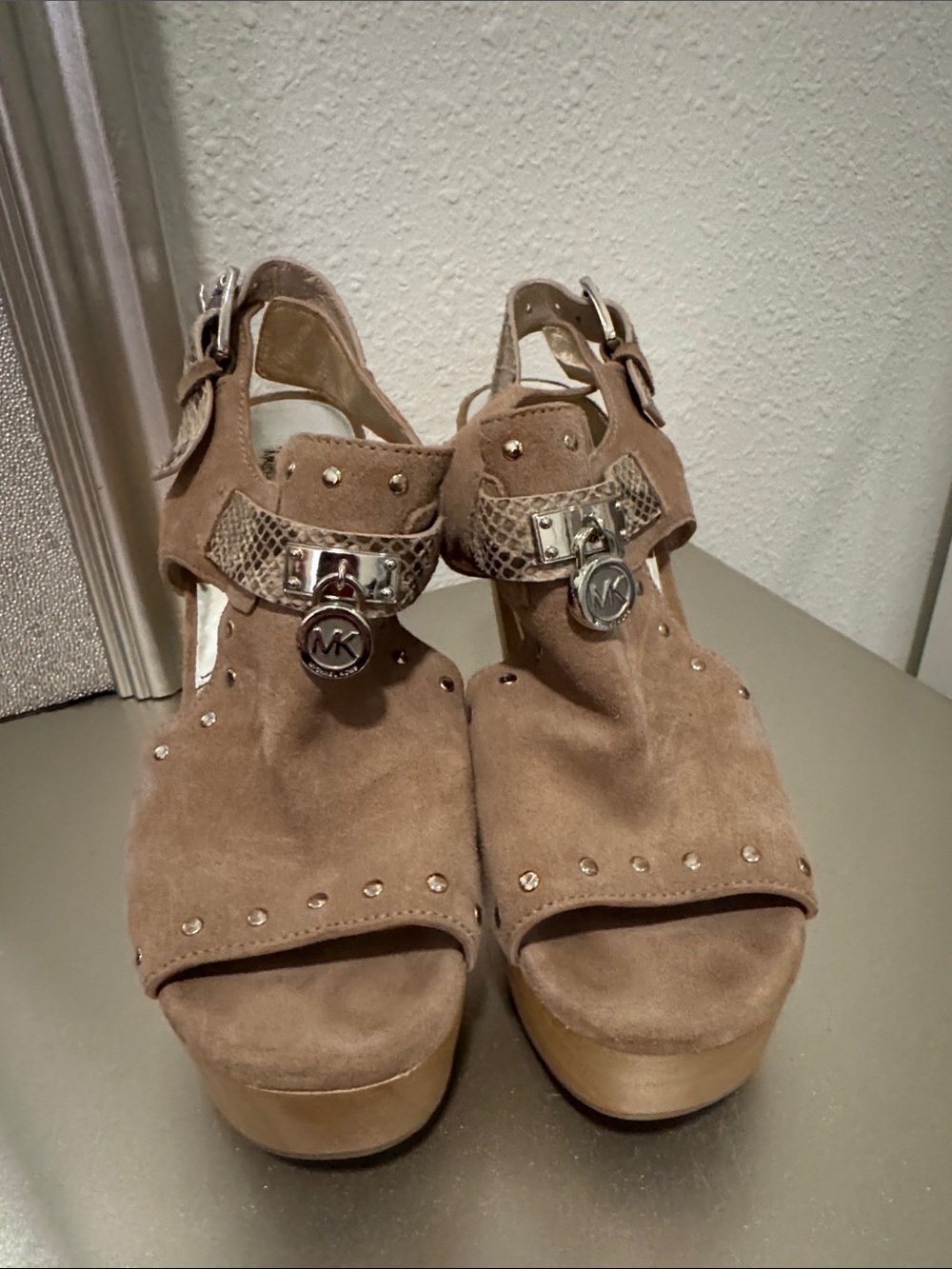 Michael Kors Brown Suede Platform Sandals with MK Charm and Studs